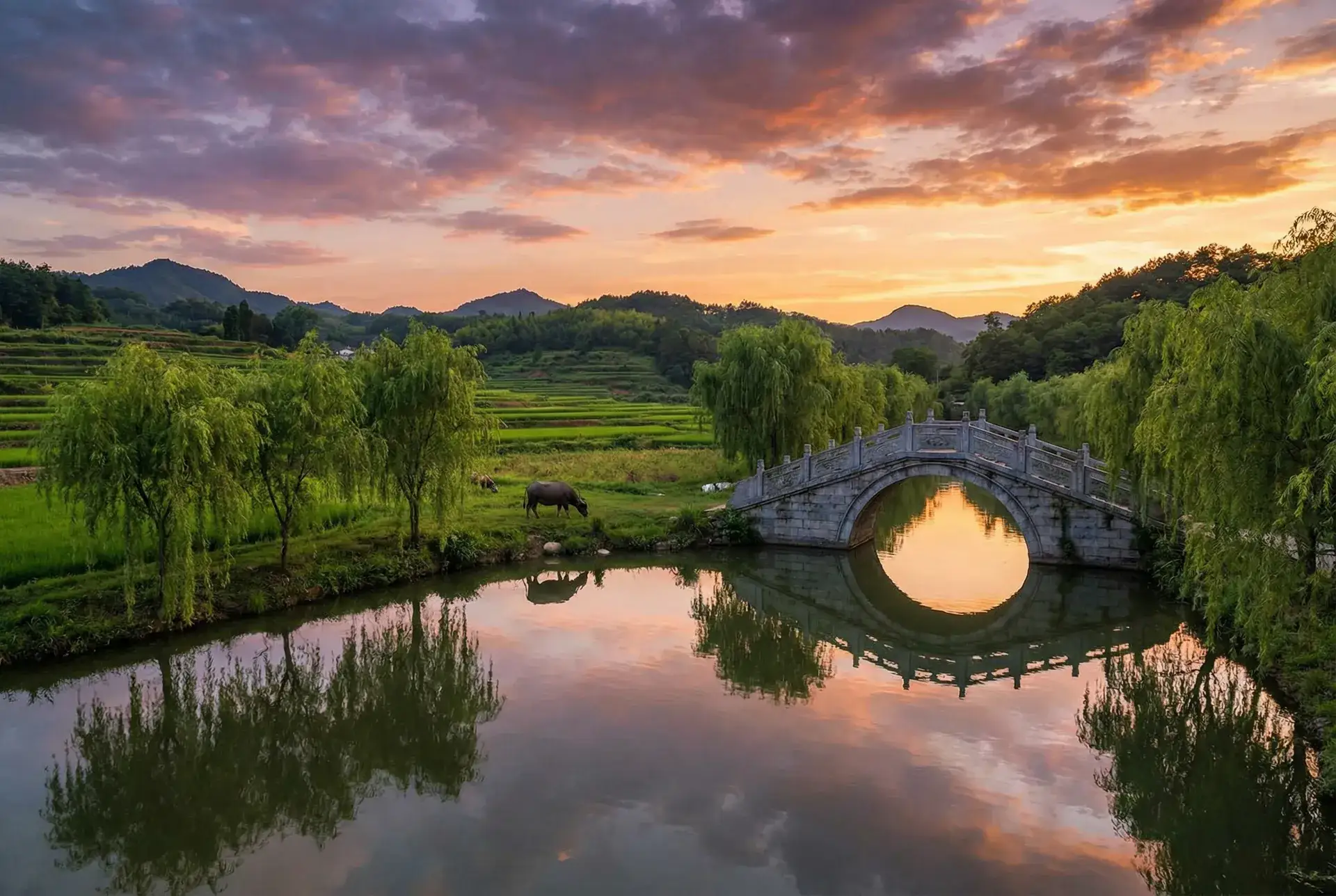 夕阳下的石拱桥与垂柳，水牛在河边吃草 - 狼群网视频在线观看 乡村美景
